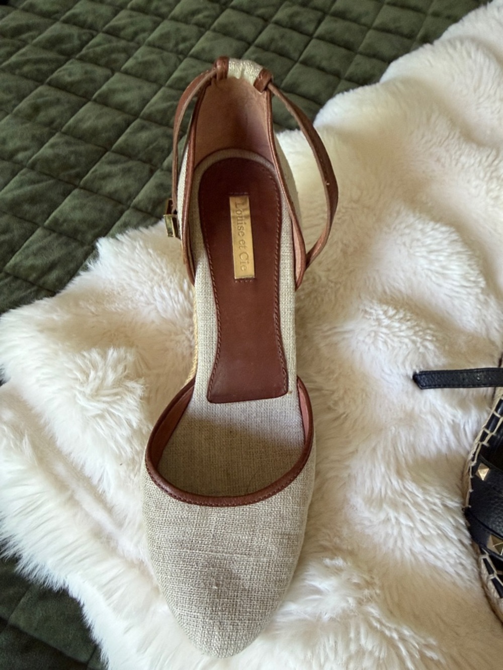 Louise et Cie Cream Linen and Tan Leather Ankle-Strap Pumps